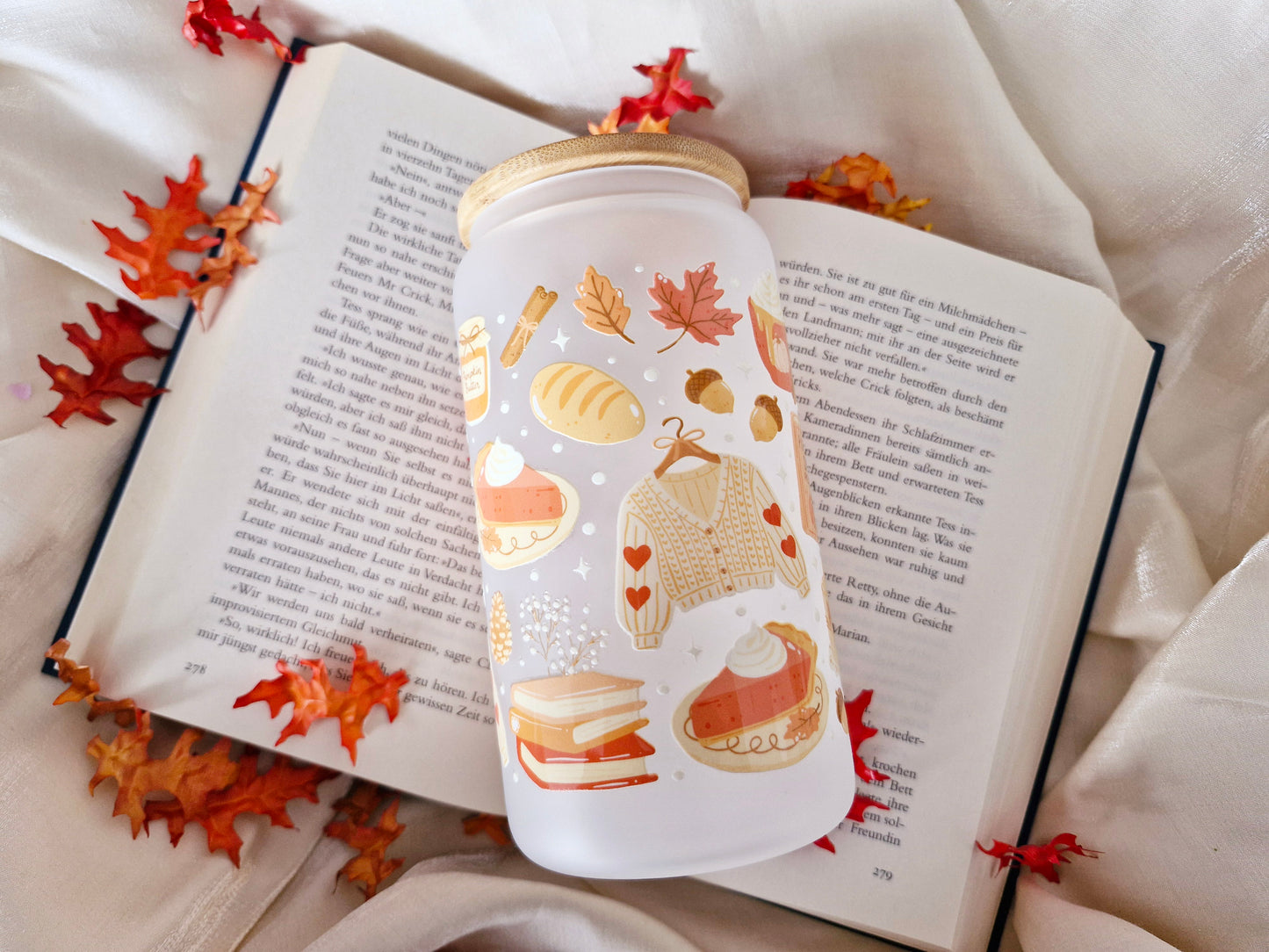 Trinkgefäß für Buchliebhaber | Bookish Trinkglas | Autumn Glass Tumbler | Herbstglas | Pumpkin Spice