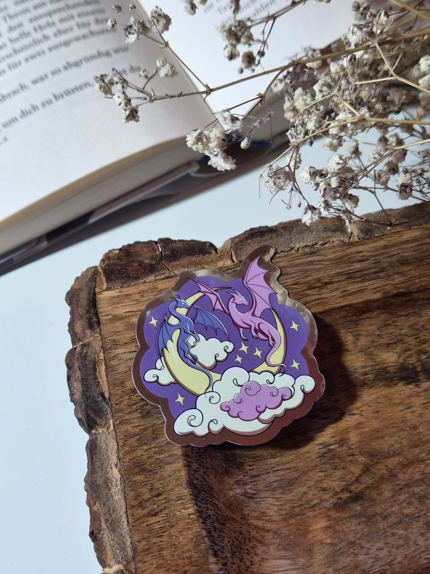 Moon Dragon 'Lunar & Nyxa' | Vinyl Sticker mit Spiegeleffekt in silber | Stickers for book journal, notebook, e-reader and laptop