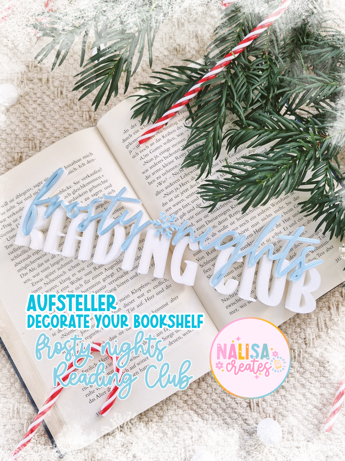 Frosty Nights Reading Club Aufsteller | Deko fürs Bücherregal | 3D-Druck Deko | Weihnachten