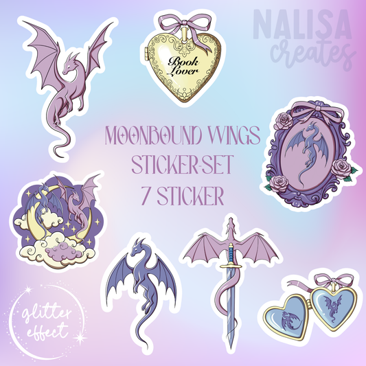 Moonbound Wings Sticker - Set | Vinyl Sticker mit Glitzereffekt | Stickers for book journal, notebook, e-reader and laptop